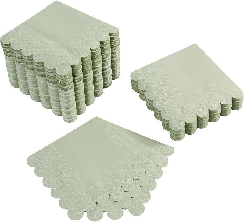BEFORYOU 100 Pack Cocktail Napkin 2-Ply Scalloped Edged Dessert Napkins Folded 5 x 5 Inches Disposable Napkins for Dinner Wedding Birthday Party Bridal Anniversary Reception Event (Sage Green) - Image 1